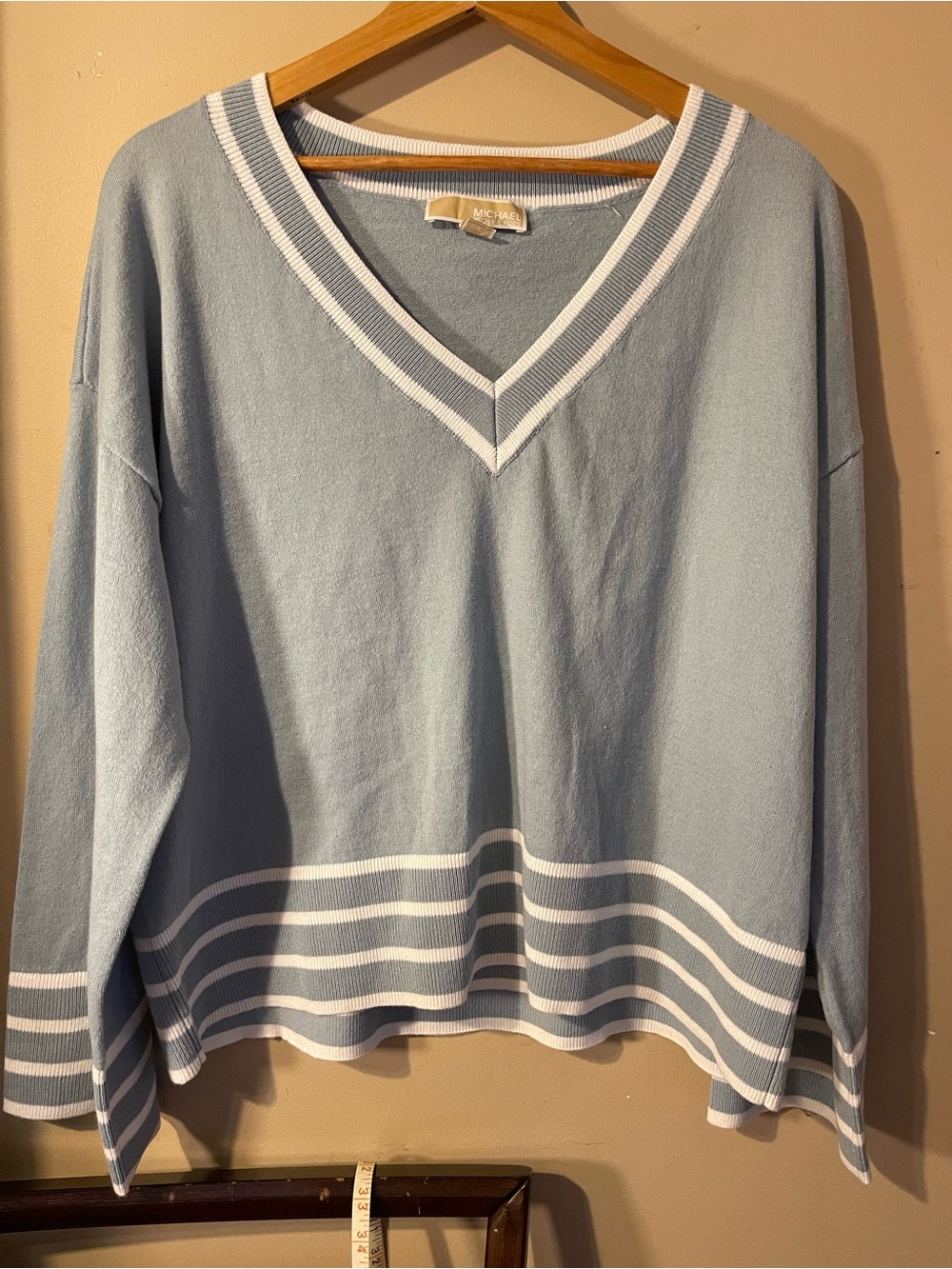 Light Blue V-Neck Stripe Sweater Michael Michael Kors XL